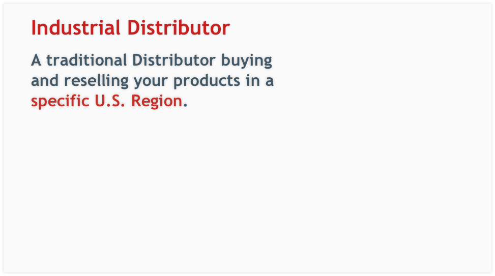A traditional Distributor buying and reselling your products in a specific U.S. Region.

